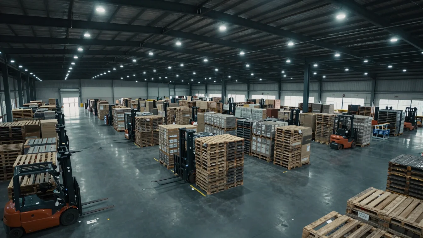 Panoramic view of a high-bay logistical warehouse interior, rows