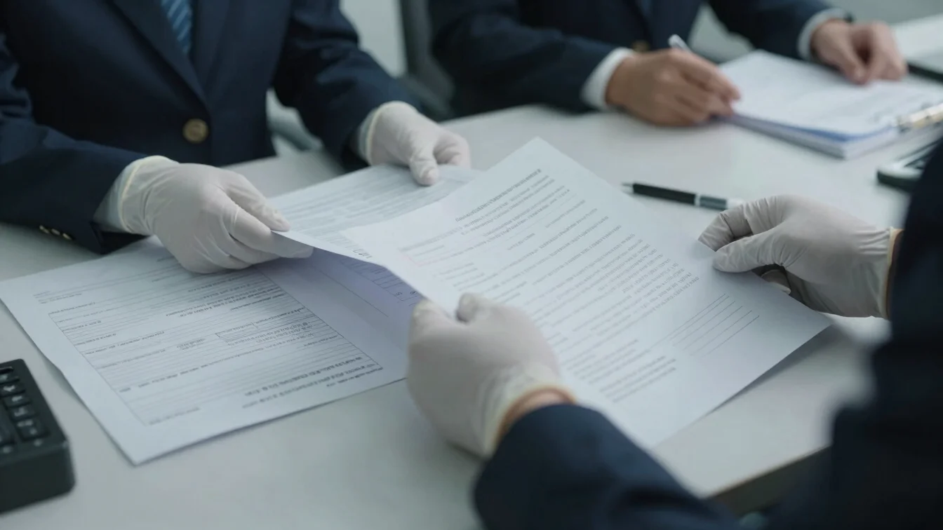 Close-up of trade documents being reviewed by gloved hands at a c