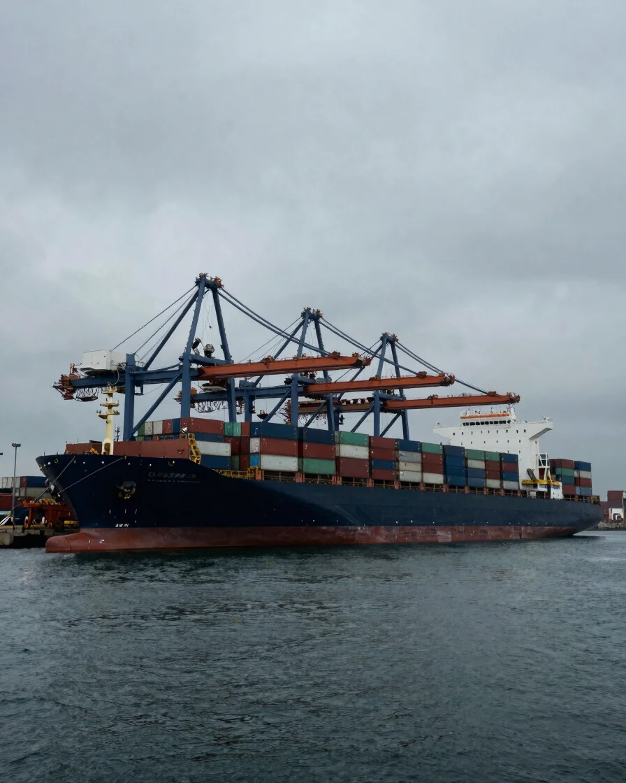 Wide panoramic shot of a deep-water container ship docked at a mo
