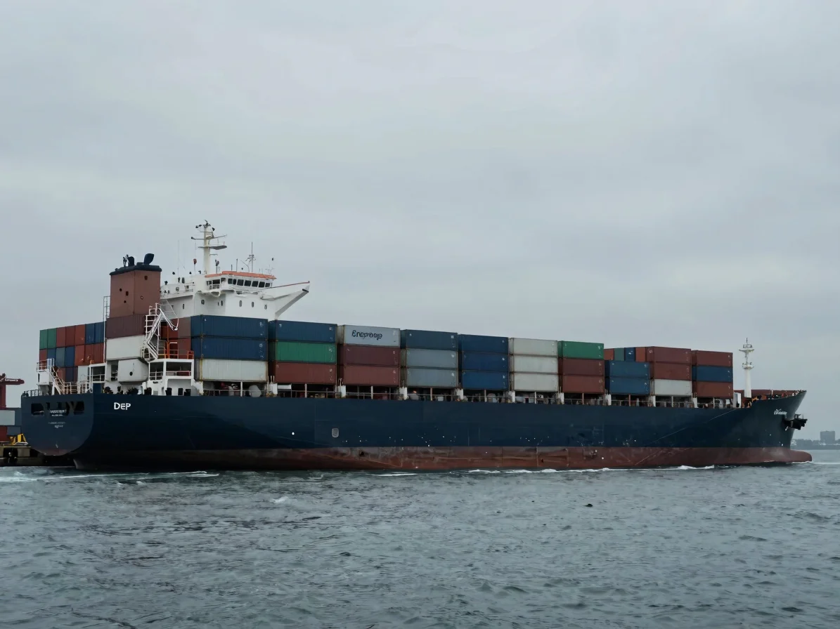 Deep-water container ship at port, cinematic industrial photograp