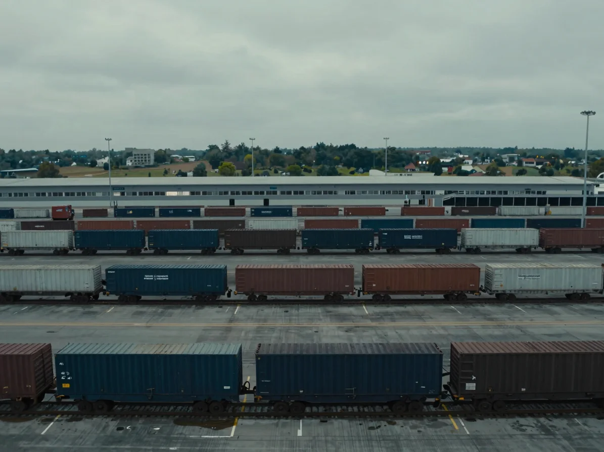 Intermodal freight terminal, overhead view, cinematic industrial