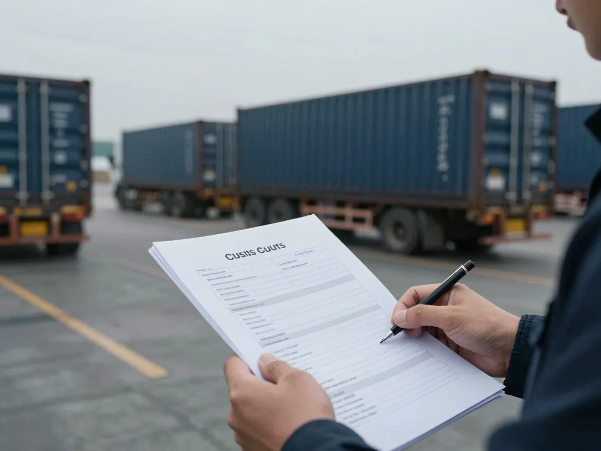 Customs cargo inspection, close-up of trade documents and hands,