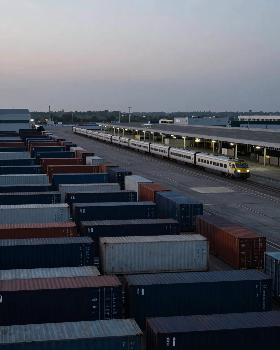Wide architectural shot of a vast intermodal freight terminal at dusk, containers stacked high, muted deep navy and slat
